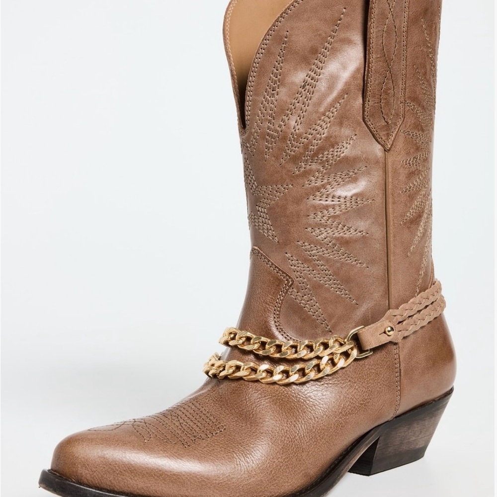 Brown Leather Cowboy Boots with Chain Detail